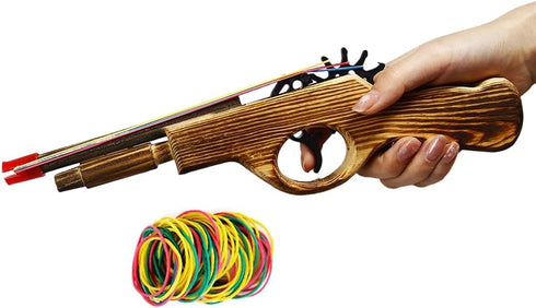 Wood Rubber Band Gun with Orange Safety Tip Wooden Toy Easy Load Outdoor Toy Gun with 100 Rubber Bands 12 Inches Length...