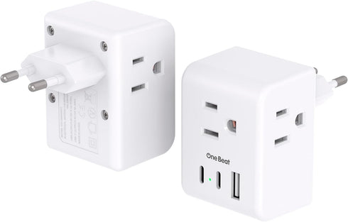 2 Pack European Travel Plug Adapter, One Beat International Power Plug Adapter with 3 Outlets 1 USBA 2 USB C, Type C Plug Adapter Travel Essential...