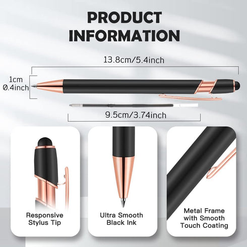 12 PCS 2 in 1 Stylus Ballpoint Pens,Pen with Stylus Tips, 1.0 mm Black Ink Metal Pen Stylus Pens for Touch Screens (Rose gold & Blue) 12 Pens and ...