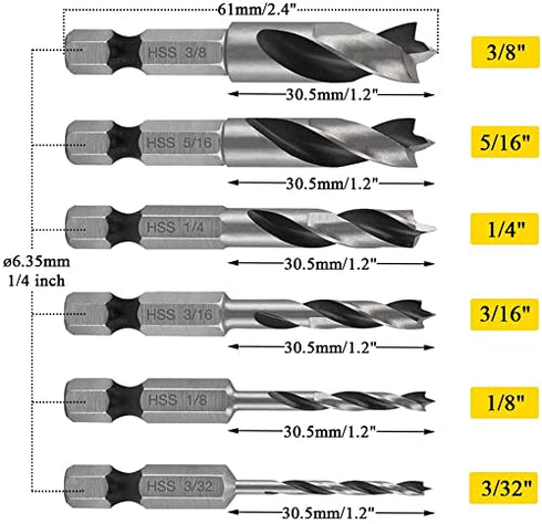 6 Pcs Brad Point Drill Bits(3/8", 5/16", 1/4", 3/16", 1/8", 3/32"), 1/4 Inch Hex Shank HSS Spiral Twist Wood Drill Bit Set for Soft, Hard, Veneere...