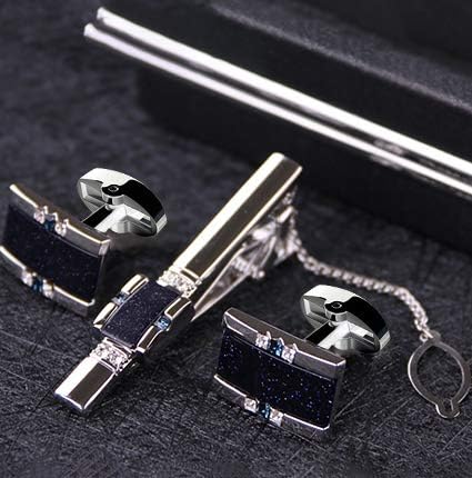 Starry Sky Cufflinks and Tie Clip Set with Gift Box and Greeting Card, Galaxy Dark Blue Cufflinks and Tie Clip Gift Set for Men...