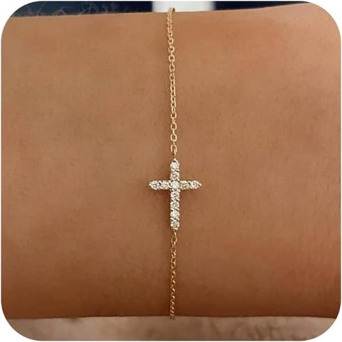 Tewiky Cross Bracelet for Women Dainty 14k Gold Cubic Zirconia Classic Tennis Bracelet Cute Gold Tiny Rope Cuban Figaro Herringbone Chain Link Bra...