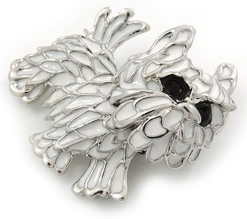 White Enamel Yorkie Puppy Dog Brooch In Rhodium Plating - 4cm Length...