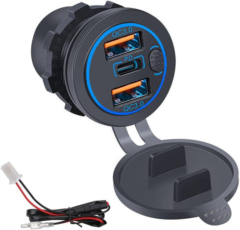3 Ports 18W USB Car Charger with Switch, 12-24V Dual QC 3.0 USB & PD USB C Cigarette Lighter Socket Outlet, Dashboard Mount Quick Charge Charger f...