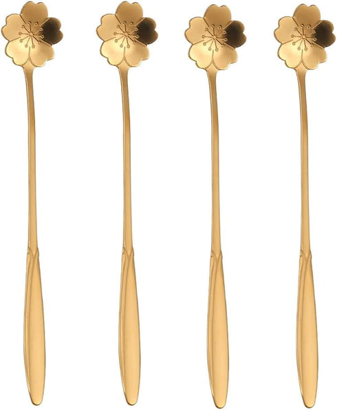 16 Pieces Flower Spoon Coffee Teaspoon 7 Inch Stainless Steel Long Handle Spoon Stir Bar Spoon Stirring Spoon Ice Cream Spoon Gold Sakura Shaped...
