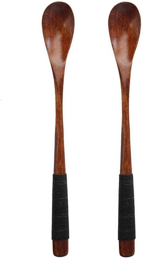 2PCS Brown Length 7.5inch Wood Coffee Tea Spoon Scoops Mixing Stirrers with Long Handle and Black Cable Tie Soup Spoons Natural Wood Rice Serving ...