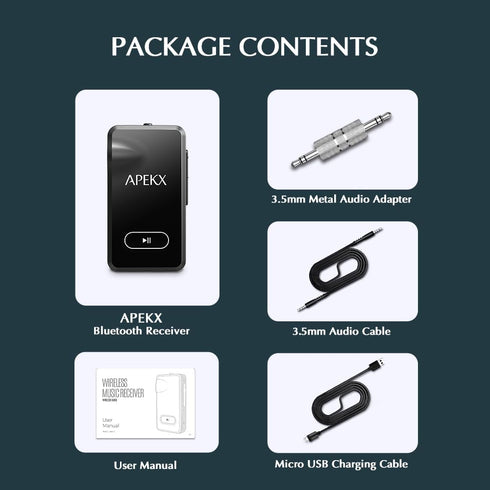 APEKX Bluetooth Adapter for Car, Wireless 3.5mm Aux Hi-Fi Audio Receiver with 15H Battery Life, for Home Stereo, Wired Headphones, and Speaker (Bl...