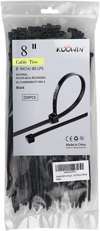 200 Pack Bulk KOOWIN Medium Nylon Plastic Cable Zip Ties 8 inch Wire Wraps Black...