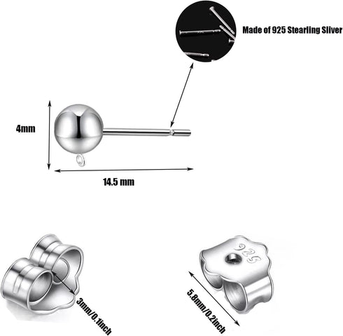 18 Pieces 925 Sterling Silver Ball Post Earing Studs with 18 Pieces Sterling Silver Butterfly Earring Back Round Ball Ear Pin with Loop for DIY Je...