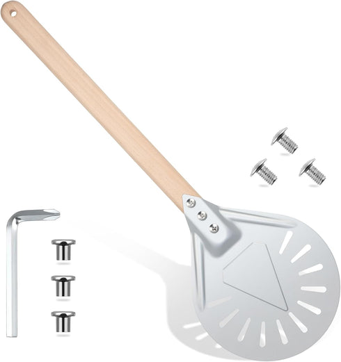 Pizza Turning Peel Perforated Pizza Turner Round Metal Aluminum Turning Peel Paddle with 16 Inch Anti-scalding Non-slip Durable Wooden Handle for ...
