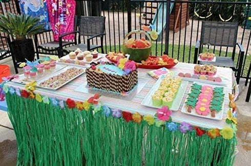 Tytroy 9ft Reusable Green Grass Hibiscus Flowers Hawaiian Luau Table Skirt Set with Bonus 12 Green Tropical Palm Leaves Perfect for Tropical Theme...