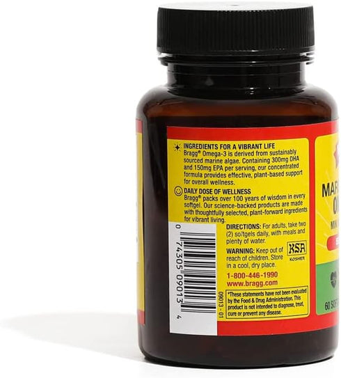 Bragg Vegan Omega 3 Supplement – Sustainably Sourced Marine Algae – Helps Support Brain, Eye & Heart Health - includes EPA & DHA Fatty Acids – Non...