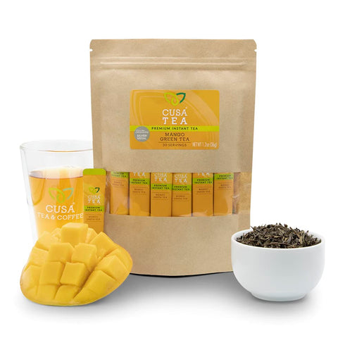 Cusa Tea & Coffee | Premium Instant Mango Green Tea With Real Fruit & Spices | Organic Leaves Drink Mix Packets | Hot or Iced Tea (30 Single Servi...