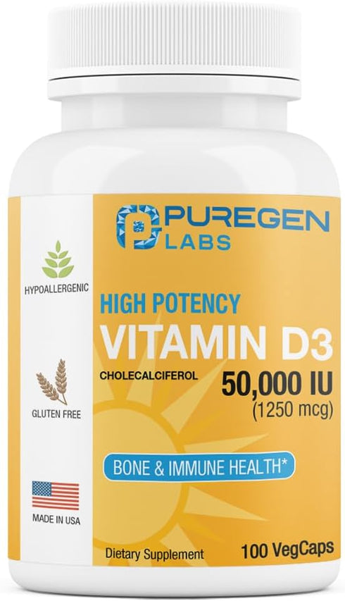 Puregen Labs Vitamin D3 50,000 IU (1250 mcg) 100 Weeks Supply for Healthy Muscle Function, and Immune Support, Non-GMO, Gluten Free 100 Vegetable ...