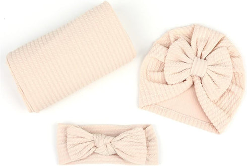 Newborn Swaddle Blanket Headband Hat Set Baby Girl Print Receiving Blanket New Born Hospital Outfit Infant Shower Gift 0-3 Months (Waffle -Beige)...