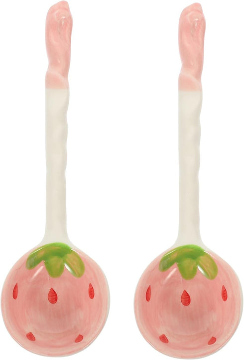Housoutil 2PCS Strawberry Spoons, Cute Ceramic Soup Spoons, Porcelain Spoons with Long Handle for Breakfast Cereal Rice Yogurt Appetizers and Dess...