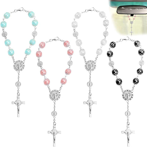 4 Pcs Rosary Beads Catholic, FineGood Cross Car Mirror Hanging Accessories Blessing Auto Rear View Mirror Pendant Car Decor Interior...