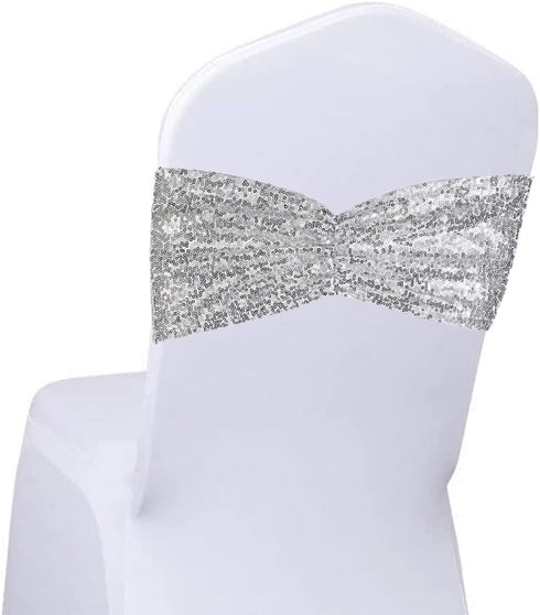 SquarePie Pack of 10 Sequin Chair Sashes Silver Sparkling Bands Decorative Bows for Wedding Banquet Party Event Decor...
