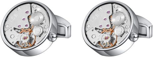Mr.Van Men's Cufflinks - Rhodium-Plated Brass Steampunk Gear Design, Non-Rotating Watch Movement - Gift Box Included...