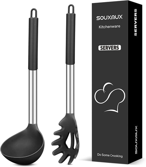 Silicone Pasta Fork and Soup Ladle Set, Non-Stick BPA Free Heat-Resistant Handy Kitchen Utensils for Cooking, Serving, Draining, Stirring (Black)...