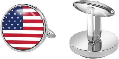 Stainless Steel Polished Round Photo Cufflinks With USA Flag Pattern...