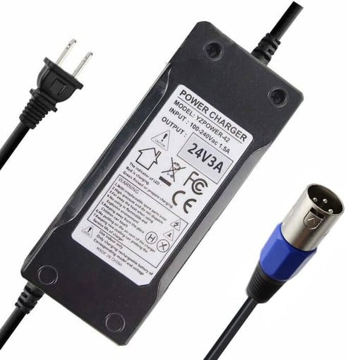 24V 3A Charger, Battery Adapter, Mongoose, Jazzy, GT, eZip, Go-Go Elite Traveller, Shoprider, Jazzy Select 6 Ultra...