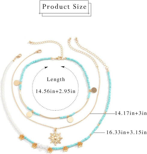 Boho Layered Sun Necklaces Gold Neck Chain Turquoise Necklaces Chains Pearl Pendant Necklace Jewelry Summer Beach Necklace Accessories for Women...