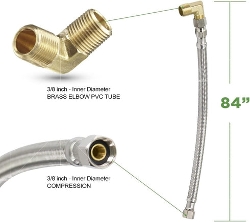 Highcraft Dishwasher Water Supply Line, Hose Connector Has 3/8 Inch 90 Degree Brass Elbow Fitting, Braided Stainless Steel 7 Ft