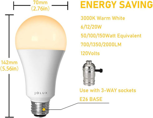 A21 3 Way Led Light Bulbs 50 100 150 Watt Equivalent,E26 Base, 6/12/20W,700/1350/2000LM,3000K (Warm White)/120V/3WAY Dimming,Indoor Standard E26 B...