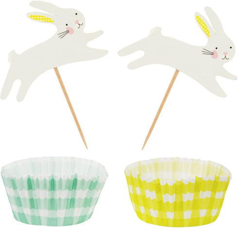 Easter Cupcake Cases for Baking & Bunny Rabbit Cake Toppers Decorations | 24x Green and Yellow Gingham Muffin Liners with Recipe| Activities for K...