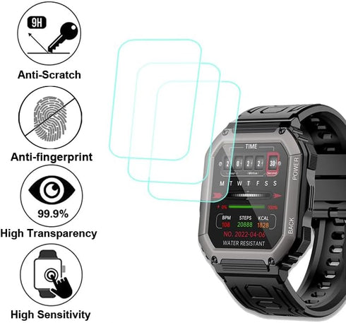 Tempered Glass Screen Protector Compatible with Hemisol, ZYCZWL KR06 1.8 inches Rugged Smart Watch, 3pcs, 9H...