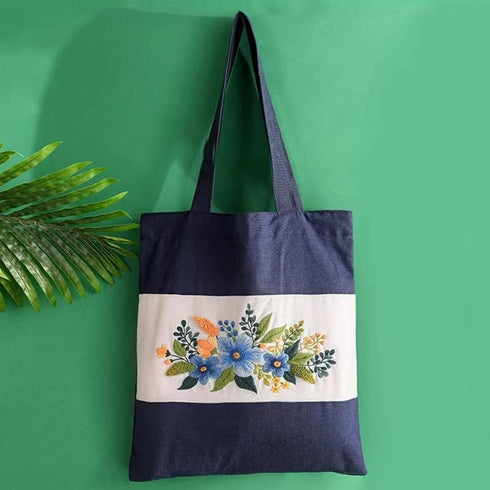 Dark Blue Canvas Cotton Tote Bag Embroidery Kit,Orchid Flowers Art Pattern,Cross Stitch Kits, Including Stamped Embroidery Bag with Hoops,Needle, ...