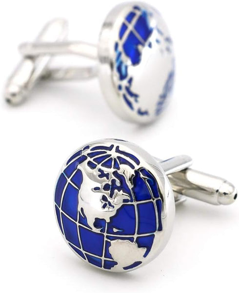 Men's Gift Cuff Links Blue World Map Design With Present Box...