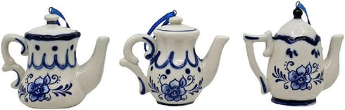 Kurt Adler Porcelain Delft Blue Teapot Ornament, Set OF 3 for Christmas...