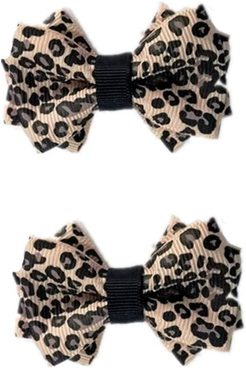 Pair Leopard Polka Dot Satin Fabric Double Bow Shoe Clips Vintage Style 2.8inch...