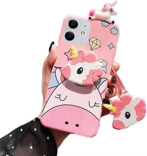 Unicorn Case for iPhone 11 6.1”, 3D Cartoon Design Cute Elastic Kickstand Protective Case, iPhone 11 Case with String Rope, Kawaii Fashion for Kid...