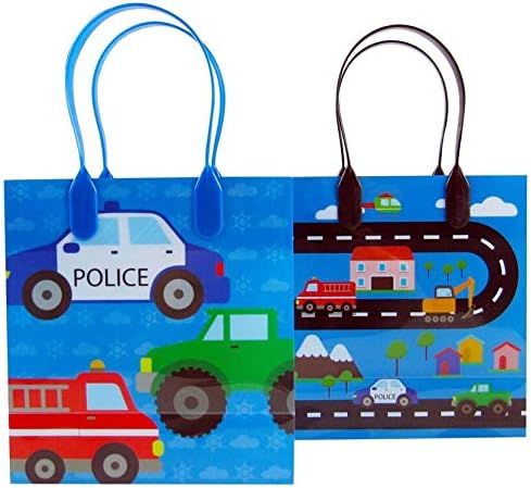 Tiny Mills Cars Fire Trucks Transportation Party Favor Bags Treat Bags with Handles, Birthday Party Goodie Bags Candy Bags for Toddler Birthday Pa...