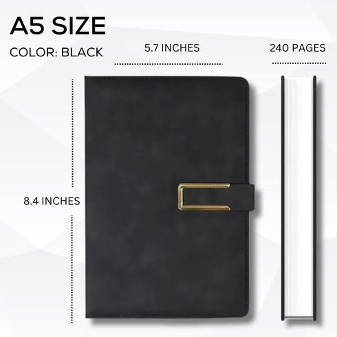 Leather Journal A5 with Pen compartment, Leather Bound for Women Men School, Office, Work, Daily and Travel Diary Writing Journal (Black with Lock...