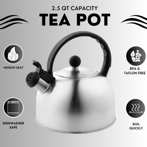 2.5 Liter Whistling Tea Kettle - Modern Stainless Steel Whistling Tea Pot for Stovetop Hot Water Boiler with Cool Grip Ergonomic Handle (Silver, 2...