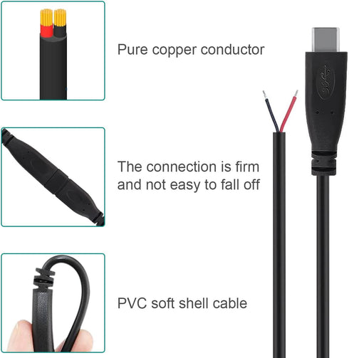 USB C Connector DIY Solderable 2 Wire Power Supply Extension Cable Charger Connector Plug 2 Pin Line for PCB USB to DIP Adapter for Arduino, LED S...