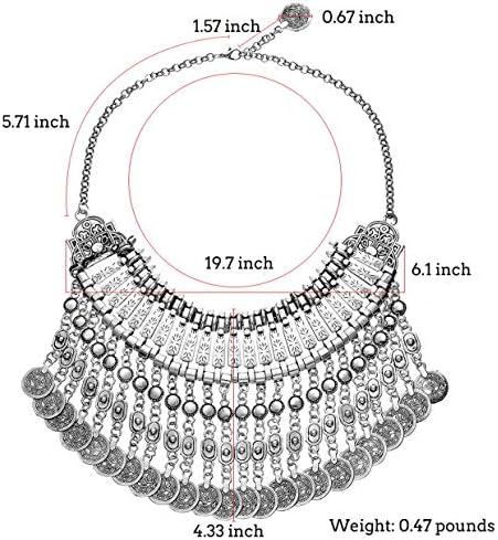 MJartoria Statement Necklace for Women, Boho Collar Choker Coin Tassel Ethnic Gypsy Chunky Necklace Antique Silver Color Bib Festival Halloween Ca...