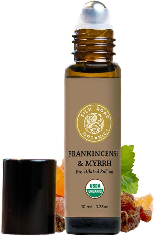Organic Frankincense & Myrrh Essential Oil Roll On, 100% Pure USDA Certified Aromatherapy for Body Aches, Stiffness & Tingling, Stress Relief, & S...