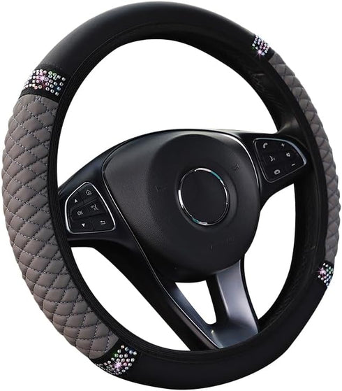 Diamond Leather Steering Wheel Cover,Bling Soft Leather Steering Wheel Cover for Women Girls,Universal 15 Inch Breathable Anti-Slip Car Wheel Prot...