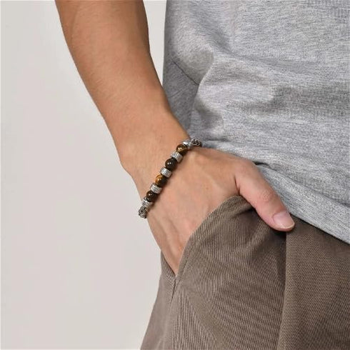 LIU JUN 7 Chakra Bracelet For Men, 8MM Natural Stone Pineapple Beads Stainless Steel Adjustable Silver Cuban Link Chain Handmade Power Healing Gif...
