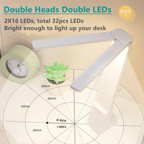 LED Double Head Desk Lamp with Large Lighting Range for Home Office,Portable Small Battery Operated Rechargeable Light for Kids,Reading,Studying,D...