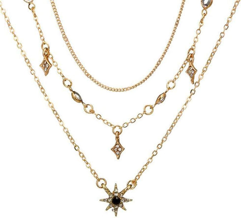 Bohemia Layered Choker Necklace Star Necklace Crystal Choker Diamond Star Charm Pendant Necklace Multi-layered Station Chain for Women...
