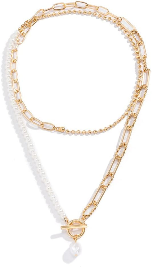 Pearl Choker Necklace Paperclip Necklace Asymmetry Pearl Link Chain Necklace Gold Beaded Necklace Toggle Clasp Necklace for Women Teen Girls...