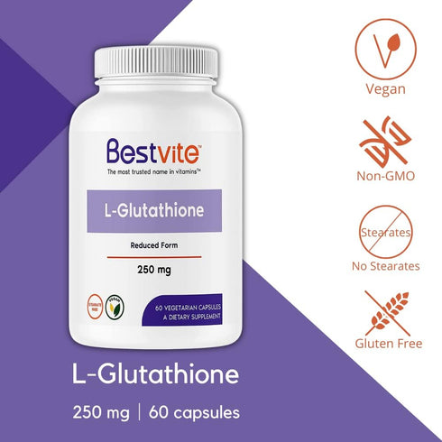 BESTVITE L-Glutathione 250mg (60 Vegetarian Capsules) - No Stearates - Vegan - Non GMO - Gluten Free...