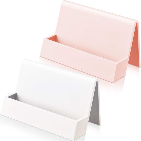 2 Pieces Business Card Holder for Desk Modern Plastic Name Card Case Display Stand Tabletop Business Card Rack for Women and Men (White, Pink)...