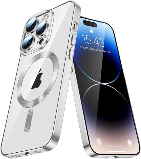 Magnetic Case for iPhone 15 Pro Max Phone. TPU Shockproof Electroplated Bumper, Camera Lens Protector, Waterproof Transparent Case., Silver...